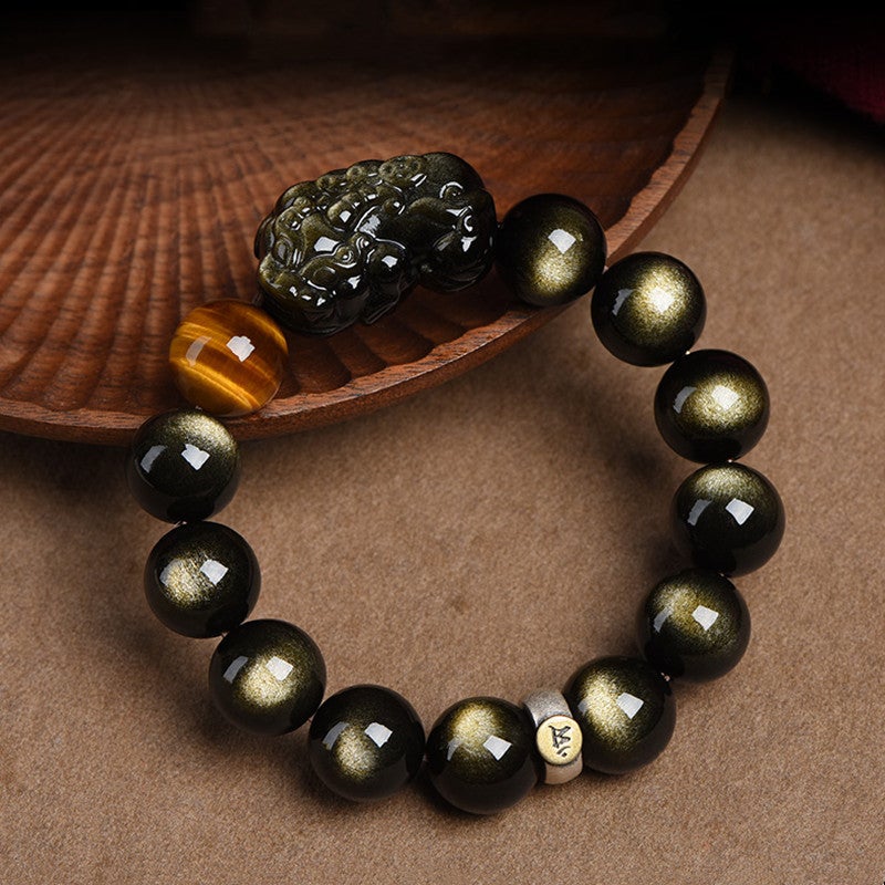 Obsidian Bracelet For Attracting Wealth, Featuring A Pixiu Design For The Year Of The Snake, High-End Men'S Gold Obsidian Fortune Bead Bracelet, Same Style As Seen In Live Broadcasts - Image 4